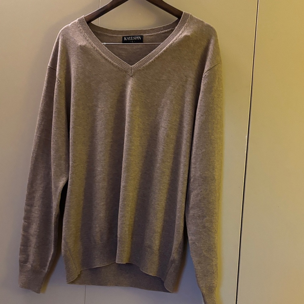 Kallspin Men's Tan V-Neck Cashmere Wool Blend Sweater Large